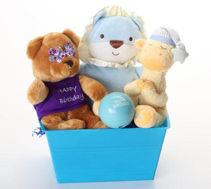 Happy Birthday SQUEAKY Dog & Puppy Plush Toys Gift Basket / Blue Toys