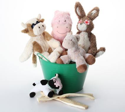 Down on the Farm Dog & Puppy Gift Basket: 3 Sizes / Squeak or Silent Plush Toys
