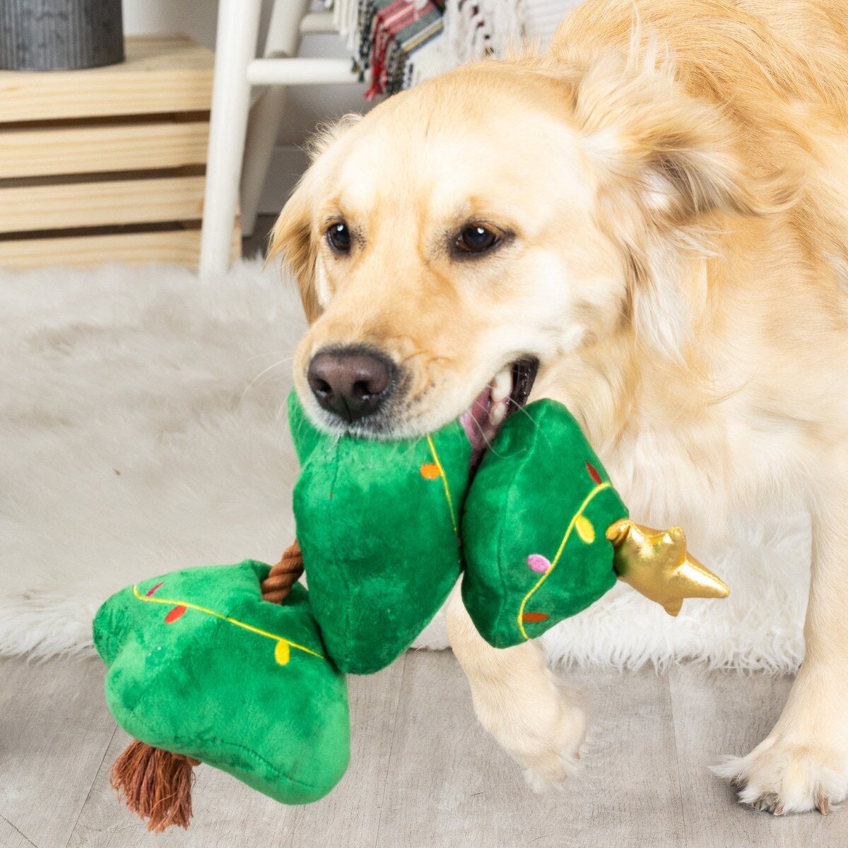 $1 OFF! PetShop by Fringe Studio Light Me Up Plush Xmas Tree Squeaky & Crinkle Tug Dog Toy - Glad Dogs Nation | ALL Profits Donated