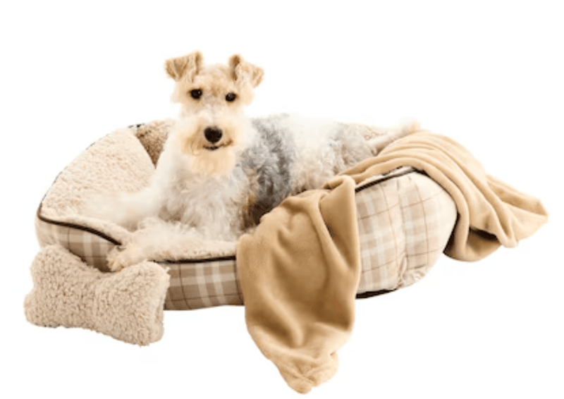 $5 OFF! Style Selections Rectangular Tan Plaid Bolster with Blanket & Plush Bone - Glad Dogs Nation | ALL Profits Donated