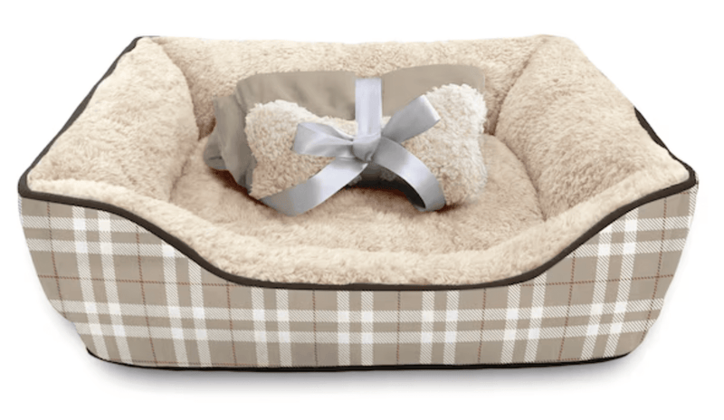 $5 OFF! Style Selections Rectangular Tan Plaid Bolster with Blanket & Plush Bone - Glad Dogs Nation | ALL Profits Donated
