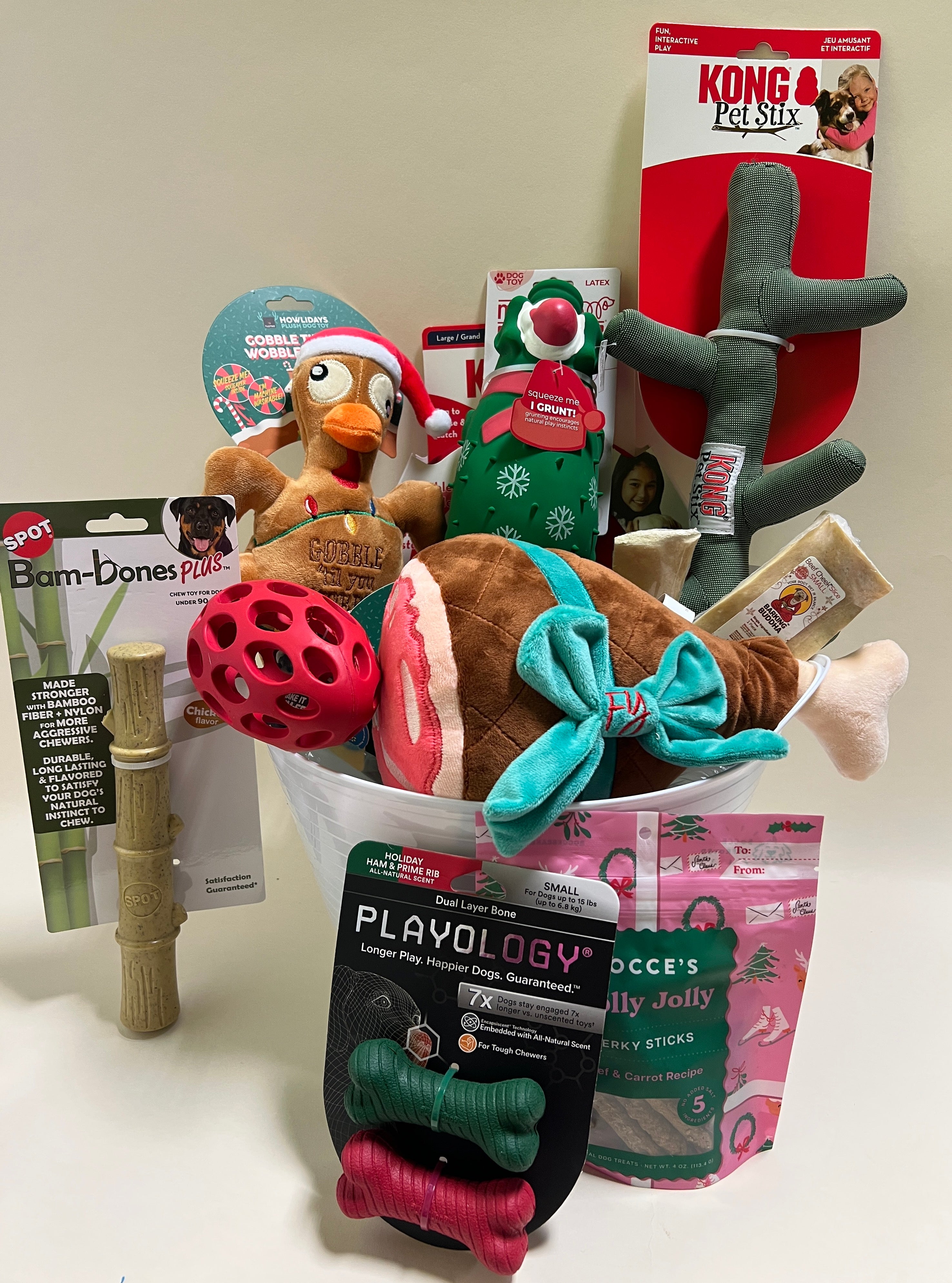 20% OFF! Red & Green Holiday Fun Gift Basket for Dogs & Puppies