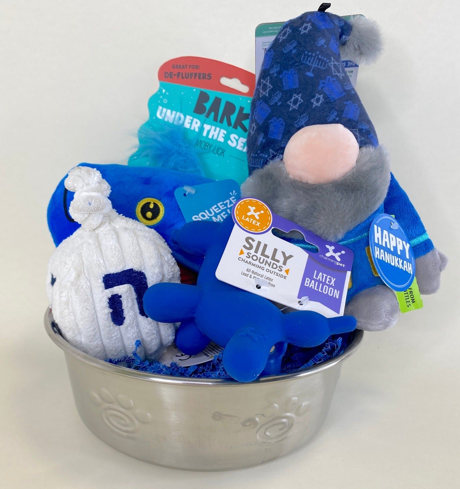 30% OFF! Hanukkah Dog Toy Gift Basket with Hanukkah Gnome, Dreidel & Dog Bowl: Easy to Customize