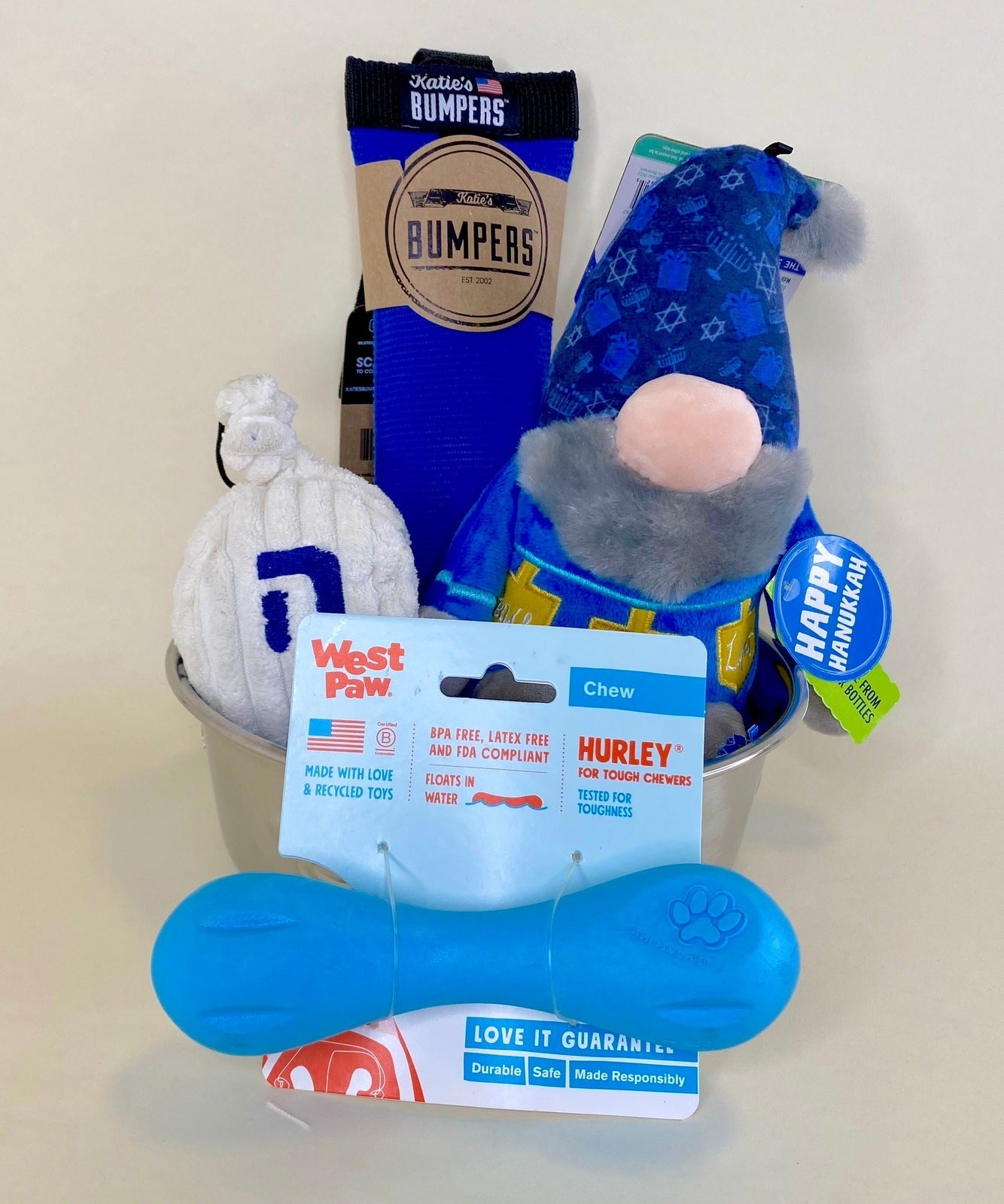 30% OFF! Hanukkah Dog Toy Gift Basket with Hanukkah Gnome, Dreidel & Dog Bowl: Easy to Customize