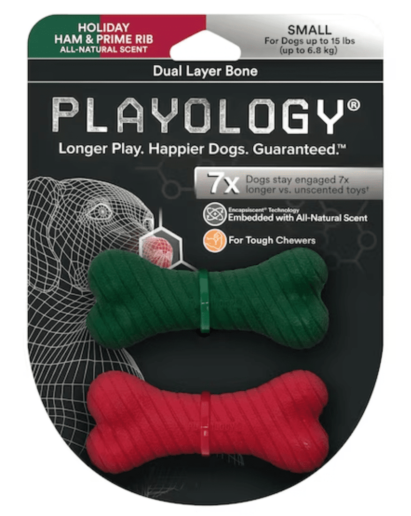 SAVE $5! Playology Dual Layer Bone Rubber Dog Toy 2-Pack | BPA-Free Scented Chew Toy