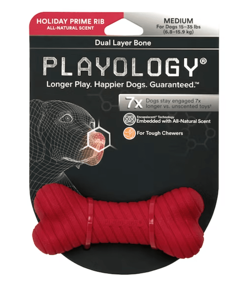 SAVE $3! Playology Rubber Dual Layer Bone BPA-Free Scented Dog Toy: Ham & Prime Rib
