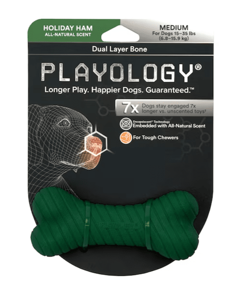SAVE $3! Playology Rubber Dual Layer Bone BPA-Free Scented Dog Toy: Ham & Prime Rib