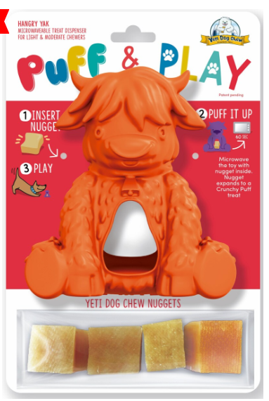 Yeti Dog Yak Cheese Chew Puff & Play Dog Chew Treat Dispenser: Hangry Yak Orange or Yellow