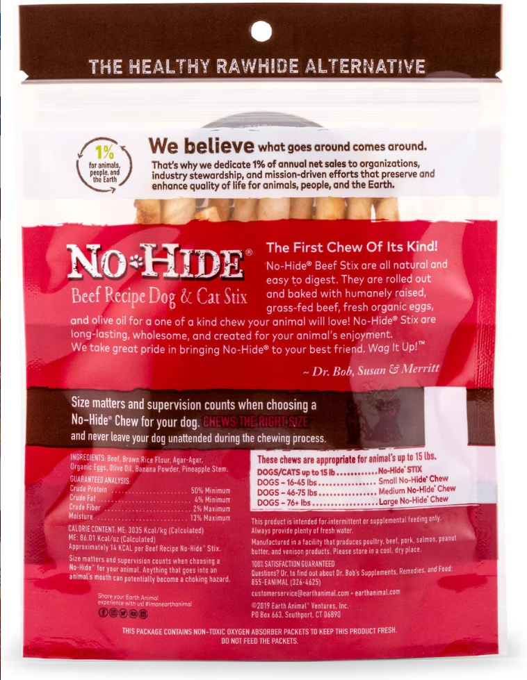 Earth Animal No Hide Chews Dog & Cat Treats Stix 10 Pack: Beef