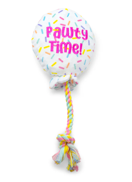 ThoozyPet Pawty Time Plush Balloon Crinkle & Squeak Dog Toy with Rope 7"