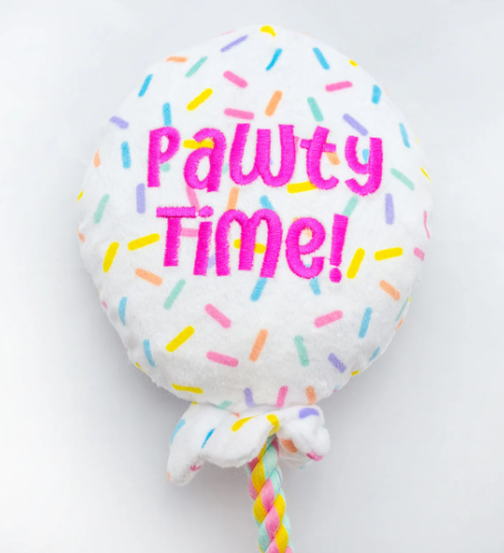 ThoozyPet Pawty Time Plush Balloon Crinkle & Squeak Dog Toy with Rope 7"