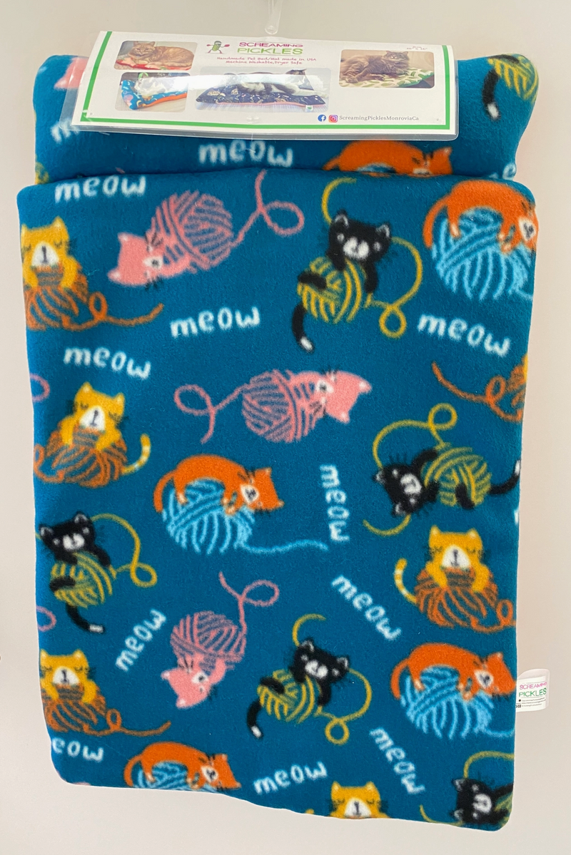 Screaming Pickles Handmade Kitty Meow Fleece Pet Bed Cozy Mat with Pillow