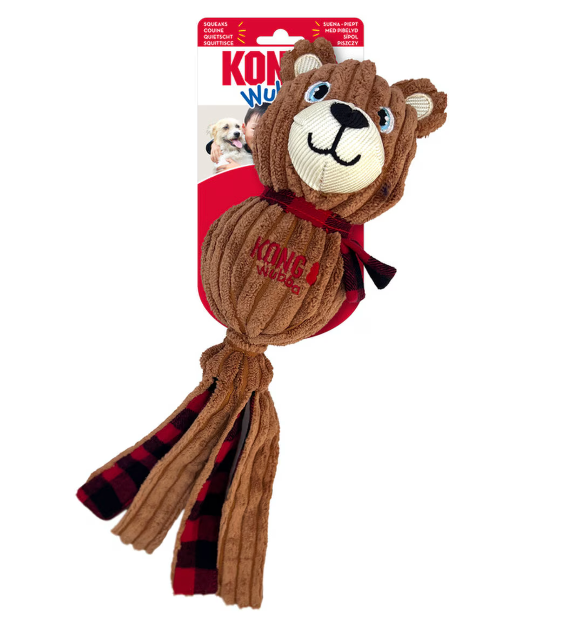 KONG Holiday Wubba™ Corduroy Bear Squeaky Tug Dog Toy: Large