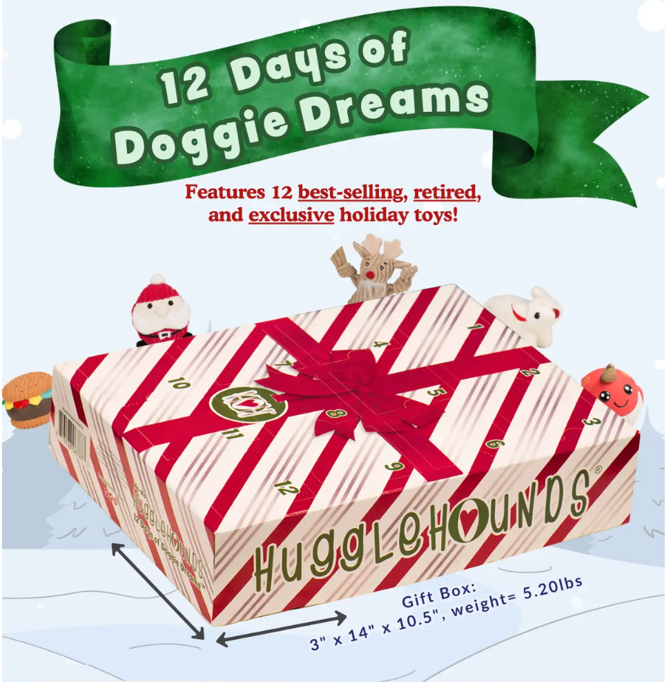 The Ho-Ho-HuggleHounds® 12 Days of Doggie Dreams Gift Box of Dog Toys Advent Calendar