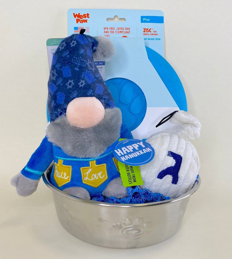 Hanukkah Dog Toy Gift Basket with Hanukkah Gnome, Dreidel & Dog Bowl: Easy to Customize - Glad Dogs Nation | ALL Profits Donated