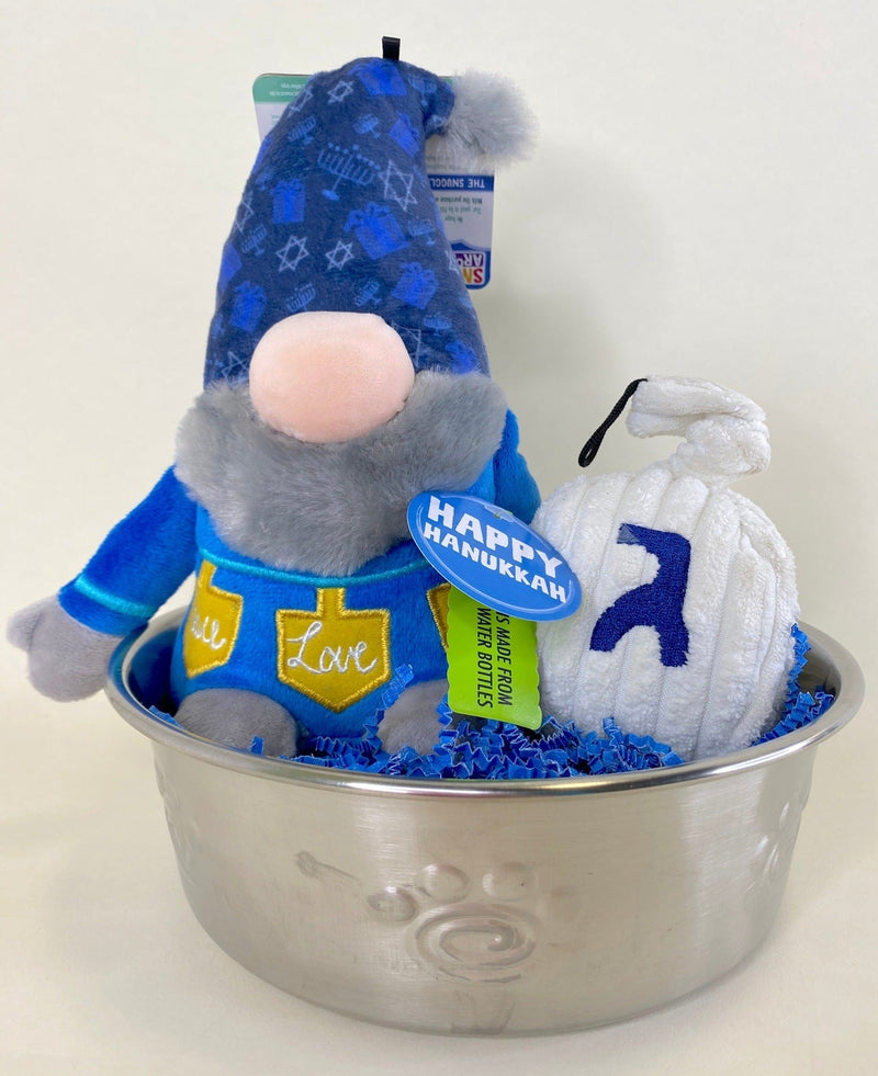 Hanukkah Dog Toy Gift Basket with Hanukkah Gnome, Dreidel & Dog Bowl: Easy to Customize - Glad Dogs Nation | ALL Profits Donated