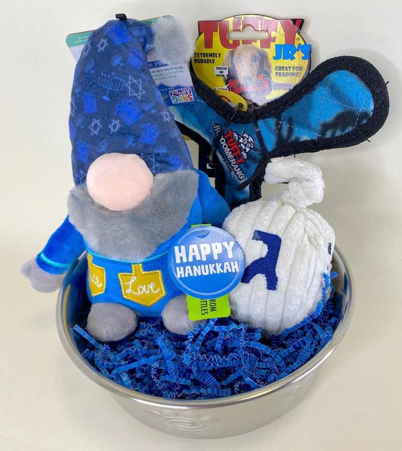 Hanukkah Dog Toy Gift Basket with Hanukkah Gnome, Dreidel & Dog Bowl: Easy to Customize - Glad Dogs Nation | ALL Profits Donated