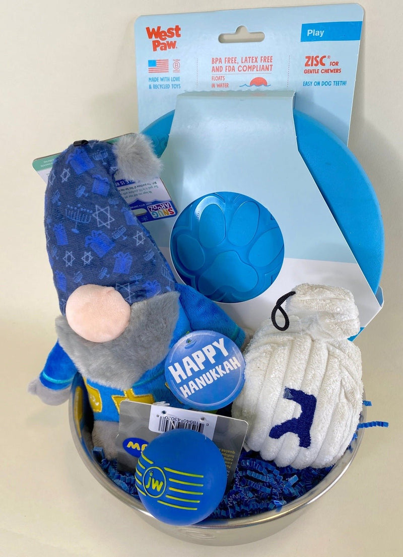 Hanukkah Dog Toy Gift Basket with Hanukkah Gnome, Dreidel & Dog Bowl: Easy to Customize - Glad Dogs Nation | ALL Profits Donated