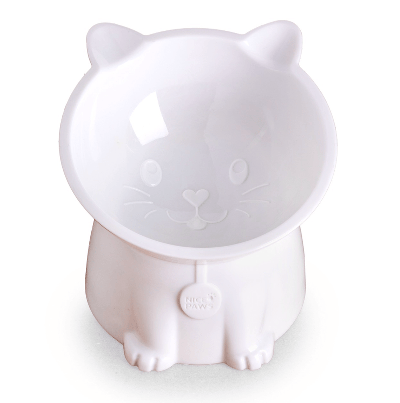 Nice Paws - Tilted Elevated Cat Food Bowl - White/Grey - 2 Pc - Anti Vomit Raised Pet Bowl for Cats and Small Dogs