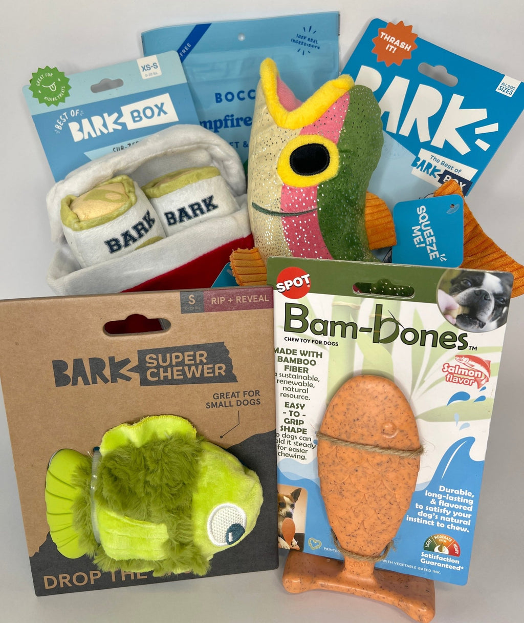 bark box fish treats Super Chewer Fish Story Dog Gift Basket, New Puppy Gift Basket / Toys, Chew, Treats