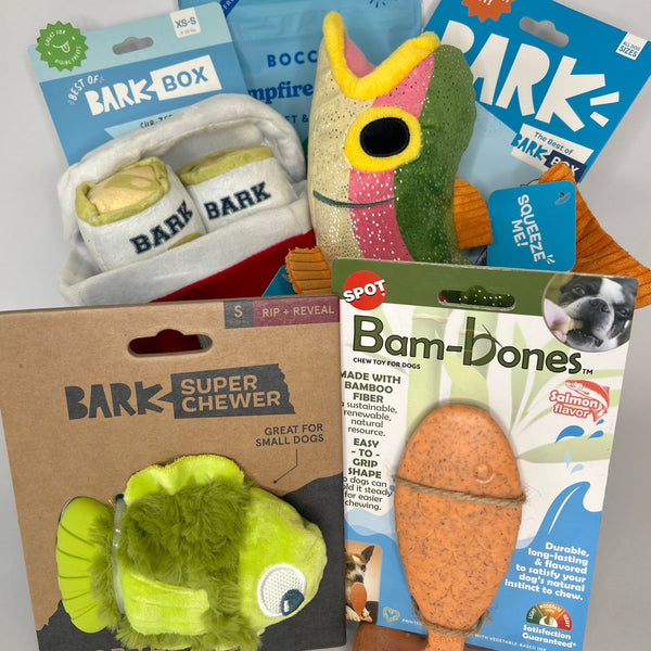 bark box fish treats Super Chewer Story Dog Gift Basket, New Puppy Gift Basket / Toys Model:TANACOM1000 Dredge Rods Anglers Guide to Smallmouth Two squeakers because one