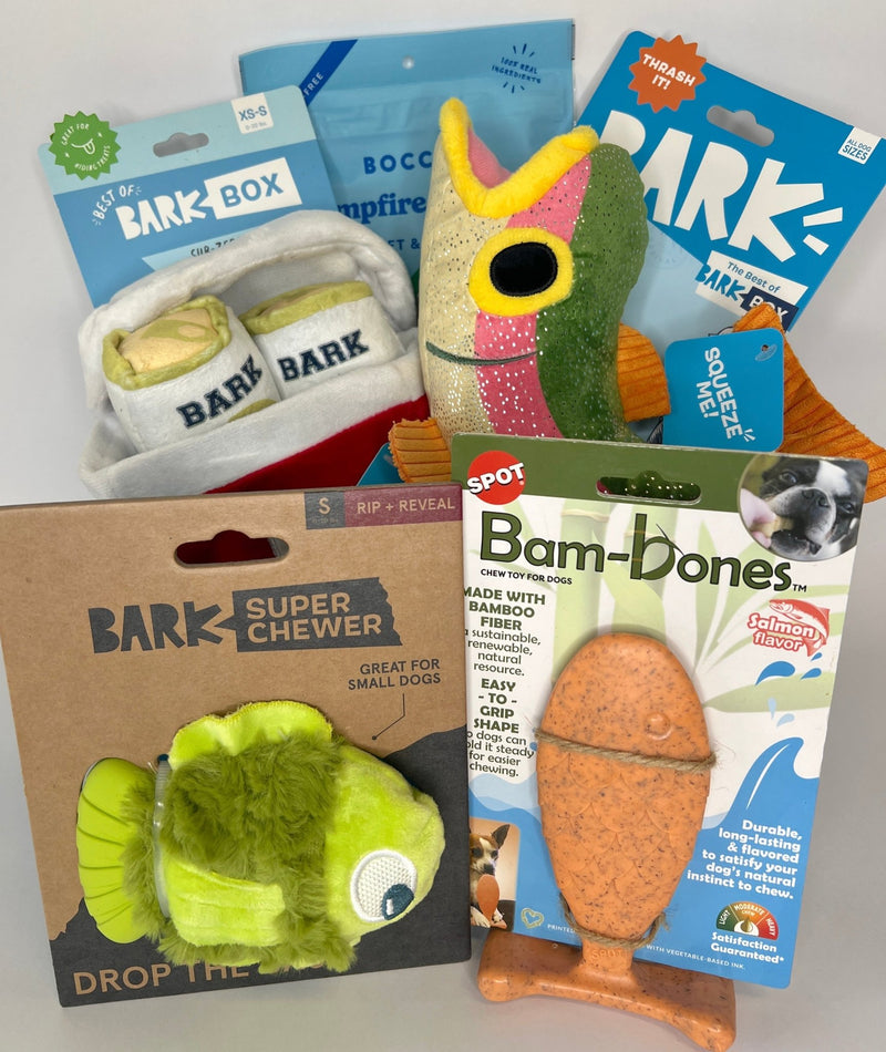 Super Chewer Fish Story Dog Gift Basket, New Puppy Gift Basket / Toys, Chew, Treats