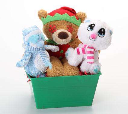 Holiday Gift Basket with Holiday Dog Toys: 4 Sizes, Squeak or No Squeak