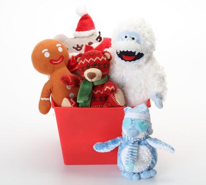 Holiday Gift Basket with Holiday Dog Toys: 4 Sizes, Squeak or No Squeak