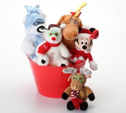 Holiday Gift Basket with Holiday Dog Toys: 4 Sizes, Squeak or No Squeak