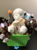 Down on the Farm Dog & Puppy Gift Basket: 3 Sizes / Squeak or Silent Plush Toys