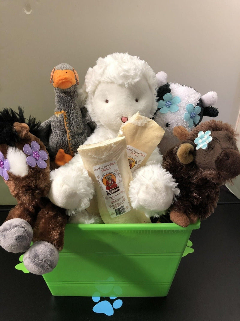 Down on the Farm Dog & Puppy Gift Basket: 3 Sizes / Squeak or Silent Plush Toys - Glad Dogs Nation | ALL Profits Donated